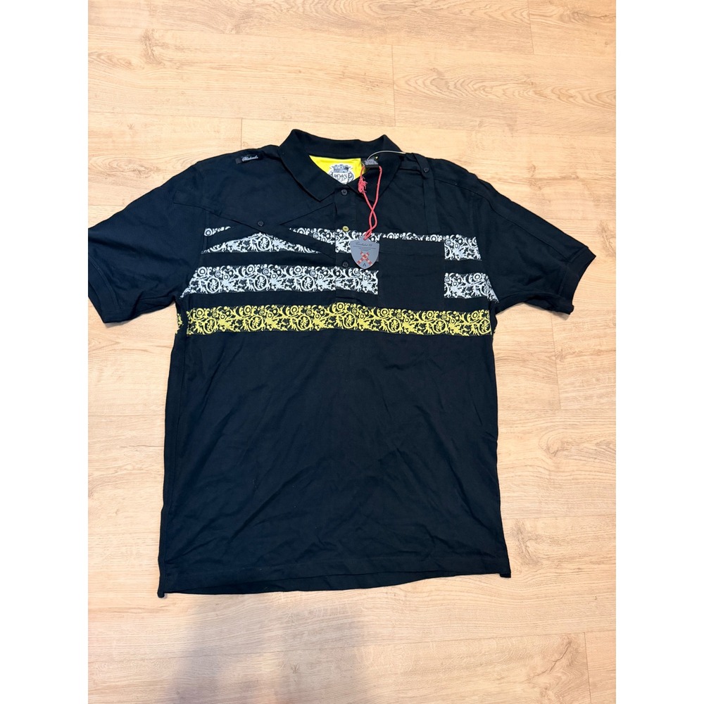 Akademiks Mens 4XL Polo Shirt Black Yellow White Filigree Graphic Streetwear NWT